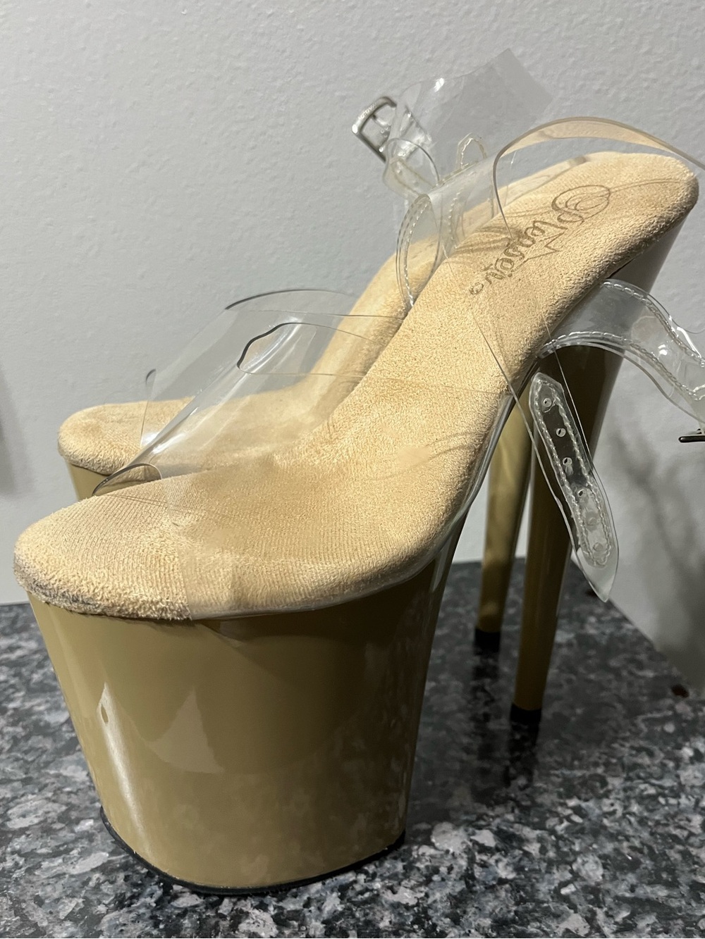Pleaser Nude and Clear Platform Stiletto Heels